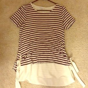 Short sleeve striped shirt with sheer underlay